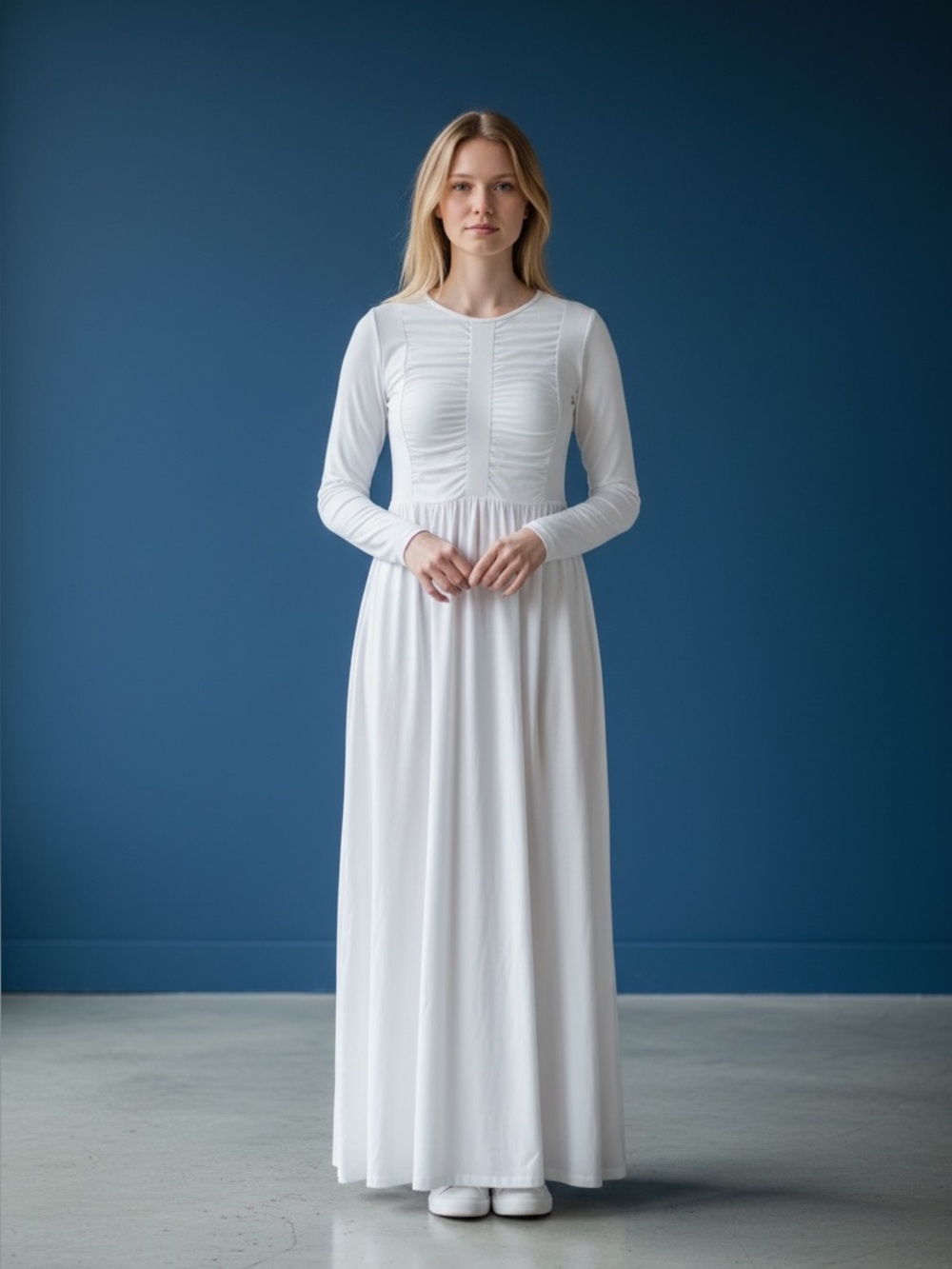 White Elegance Adagio Maxi Dress - Elegant Ruched Bodice Sz L Special occasions
